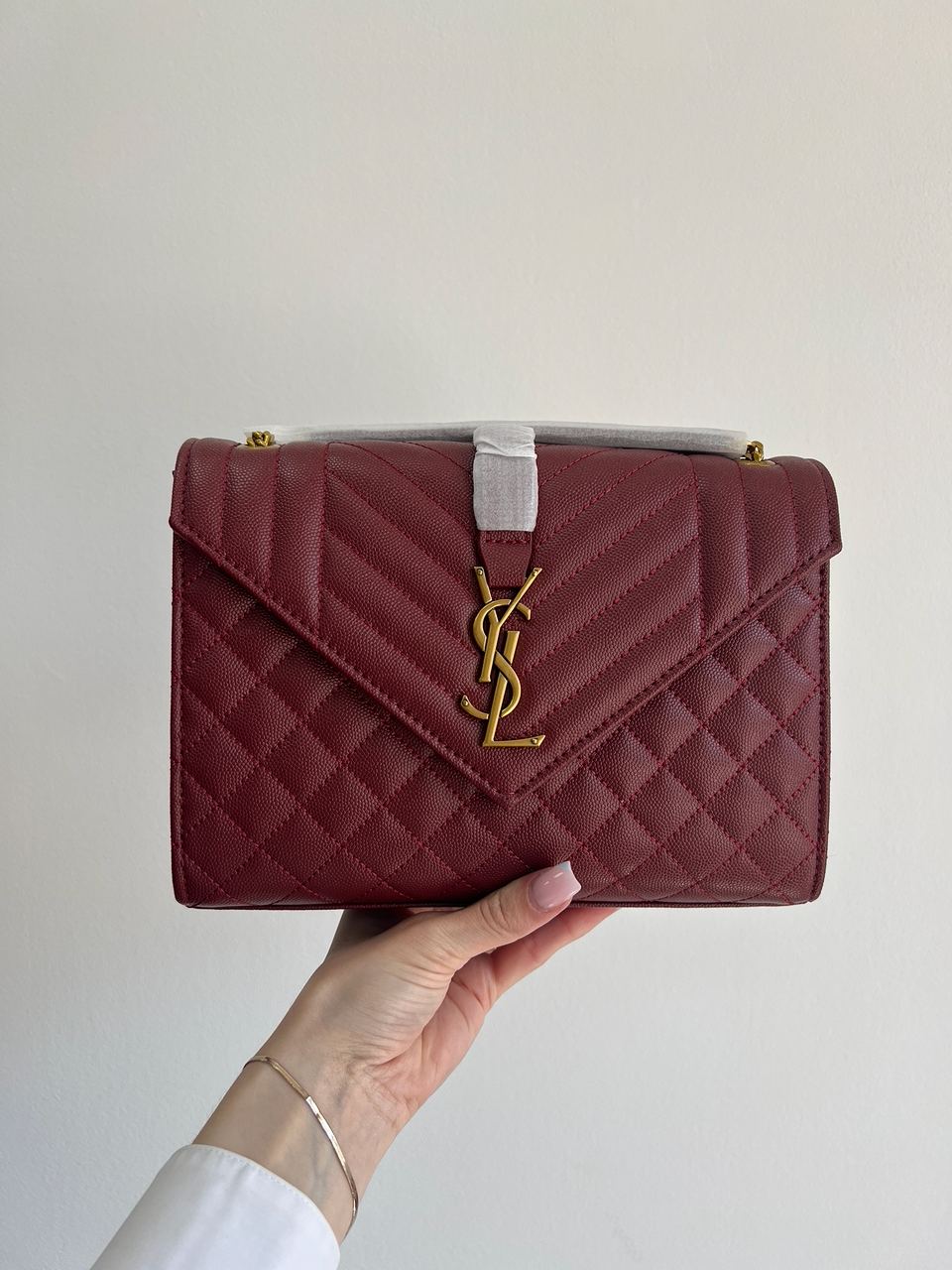 Yves Saint Laurent Envelope Medium In Quilted Grain De Poudre Embossed Leather Burgundy