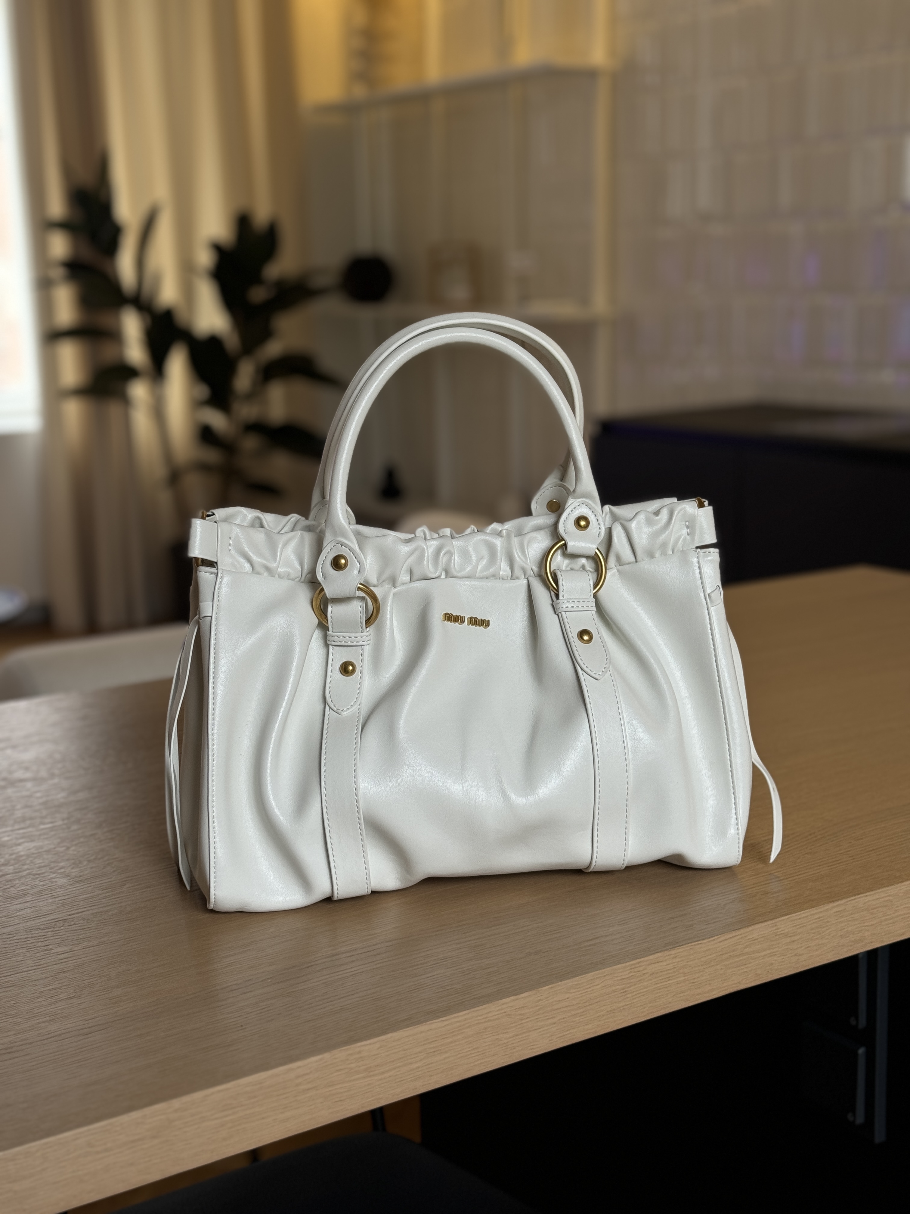 Miu Miu Cream Vitello Lux Leather Gathered Tote
