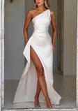 Sexy One Shoulder Satin Slit Dress For Women | Elegant Slim Fit Dress