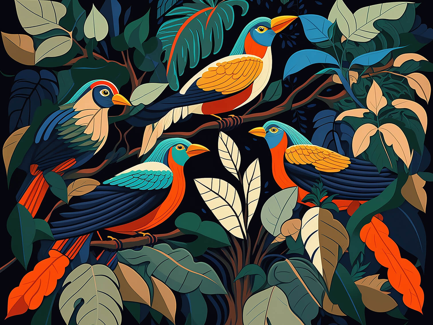 Birds in a rainforest, 60x80 cm, painting on canvas