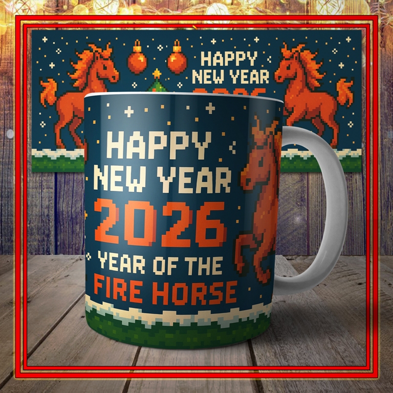 Чашечка  "Рік вогняного коня-2026" в піксельному стилі для олдів