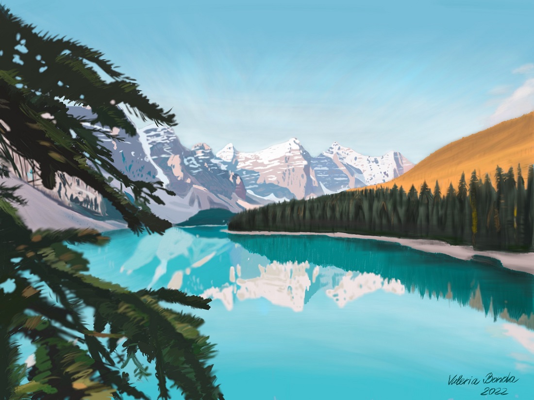 "Into the Blue of the Mountains". Original digital print by Valeria Bonda, printed on a hoodie (unisex)