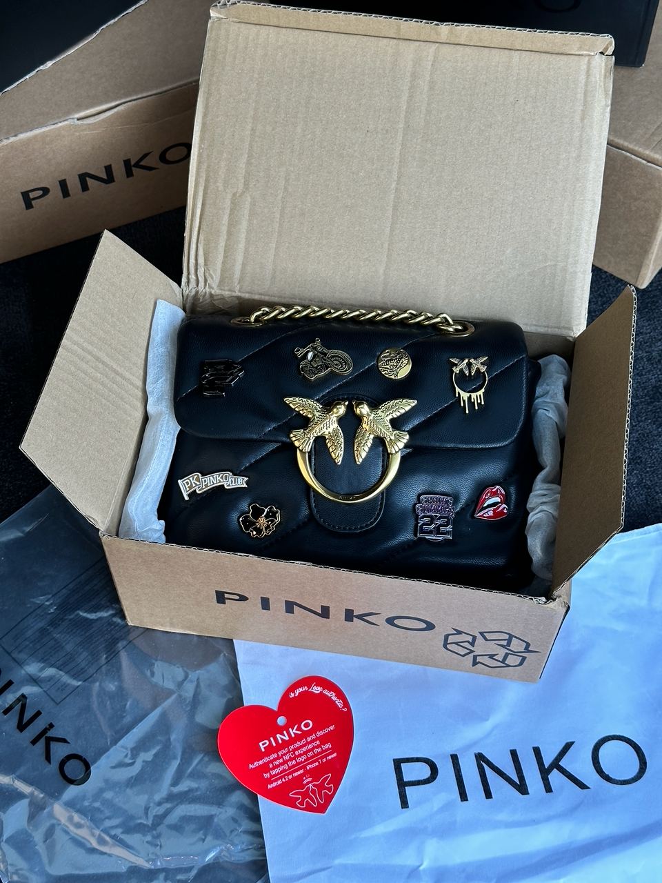 Pinko Black Quilted Leather Love Mini Puff Pins