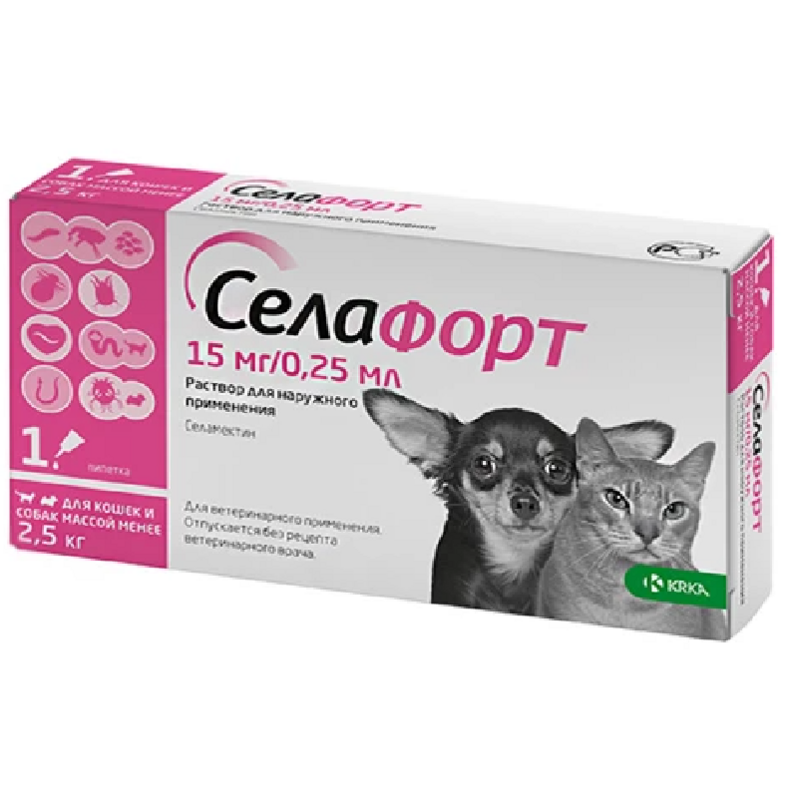 Селафорт (Selafort) для кішок  до 2.5кг проти кліщів, блох і глистів 1 піпетка KRKA, Словенія