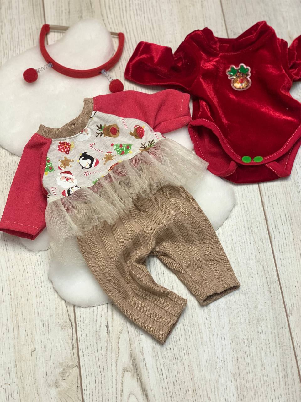 Новорічний одяг для ляльки Baby Born, комплект одягу: боді, лосіни, туніка
