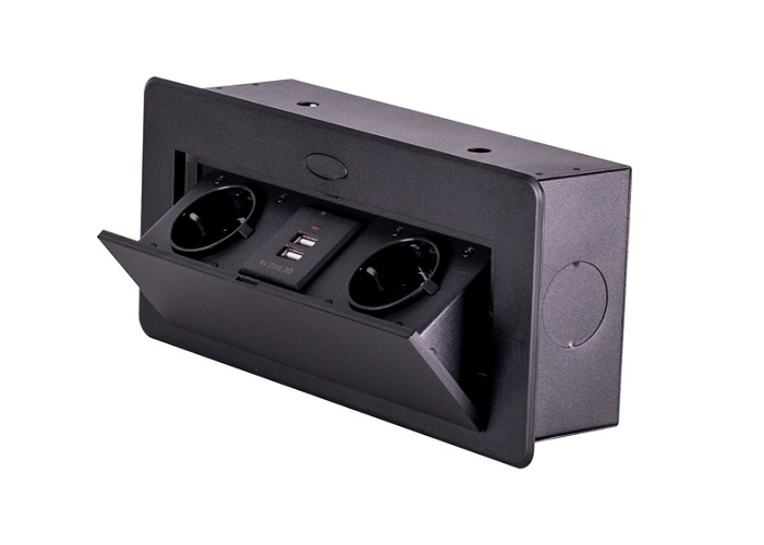 Врізний блок на 2 розетки та 2 USB, блок врізний на 2 розетки та 2 USB з підйомною кришкою чорний
