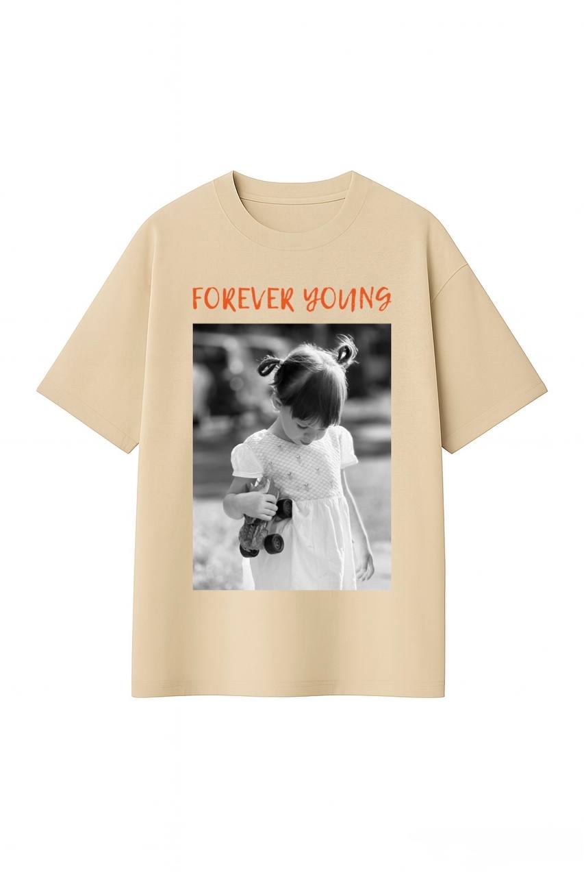 ФУТБОЛКА ОВЕРСАЙЗ БЕЖЕВА З ПРИНТОМ "ДИТЯЧЕ ФОТО"