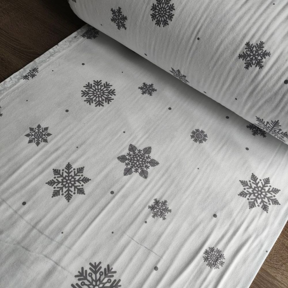 Тканина фланель-Сніжинка сіра на білому
