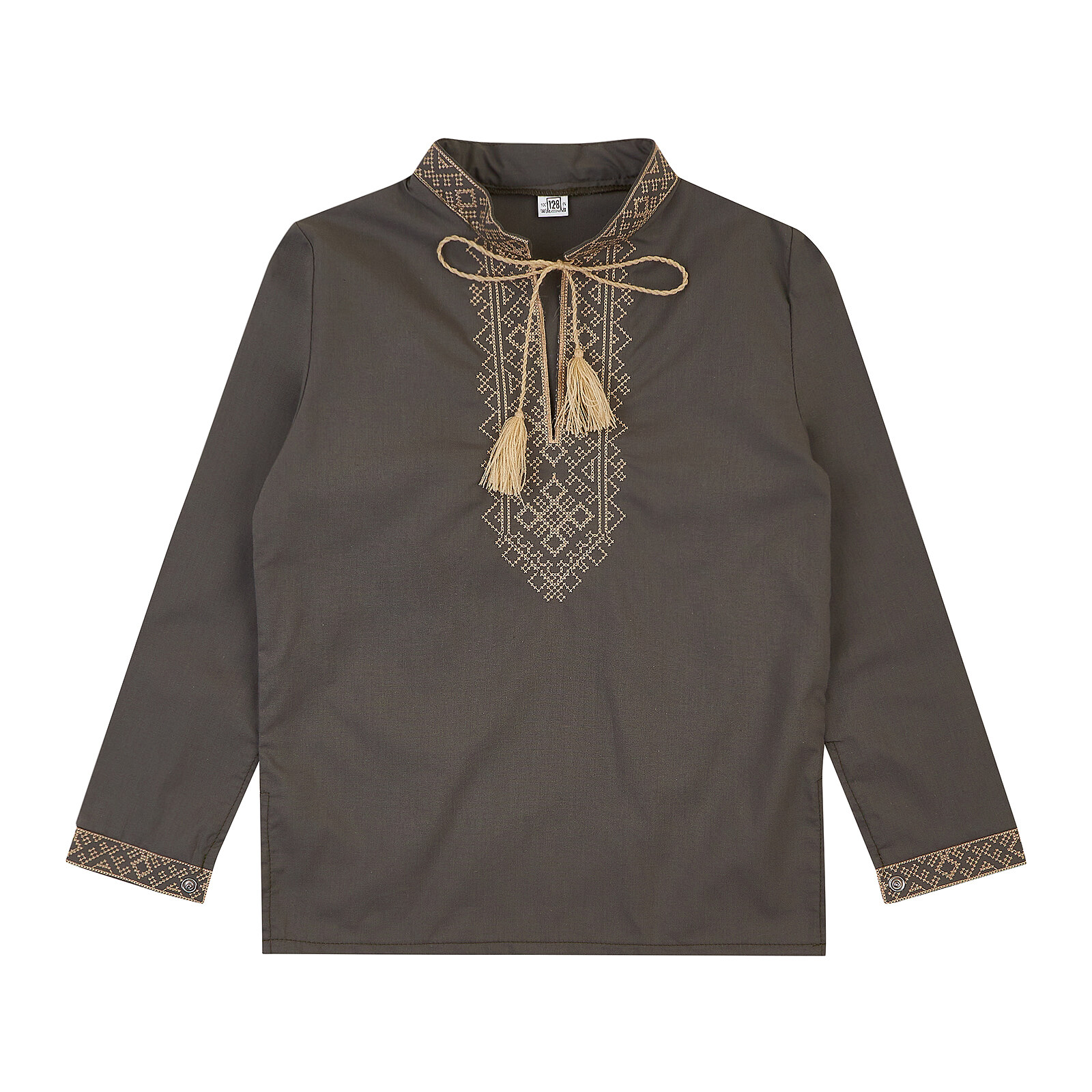 Сорочка вишита з довгими рукавами для хлопчика Поплін Зелена бежева вишивка