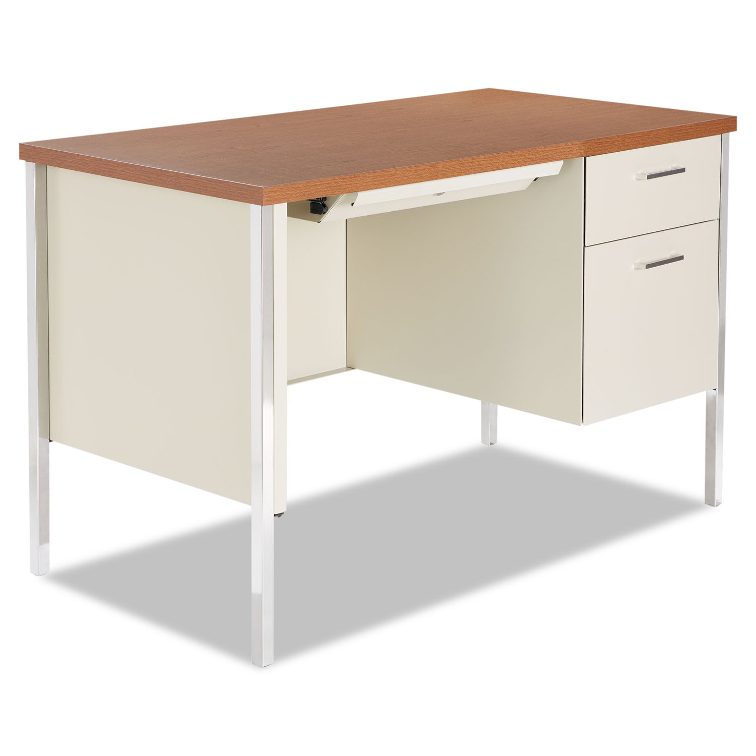 Alera® Single Pedestal Steel Desk (Cherry/Putty)