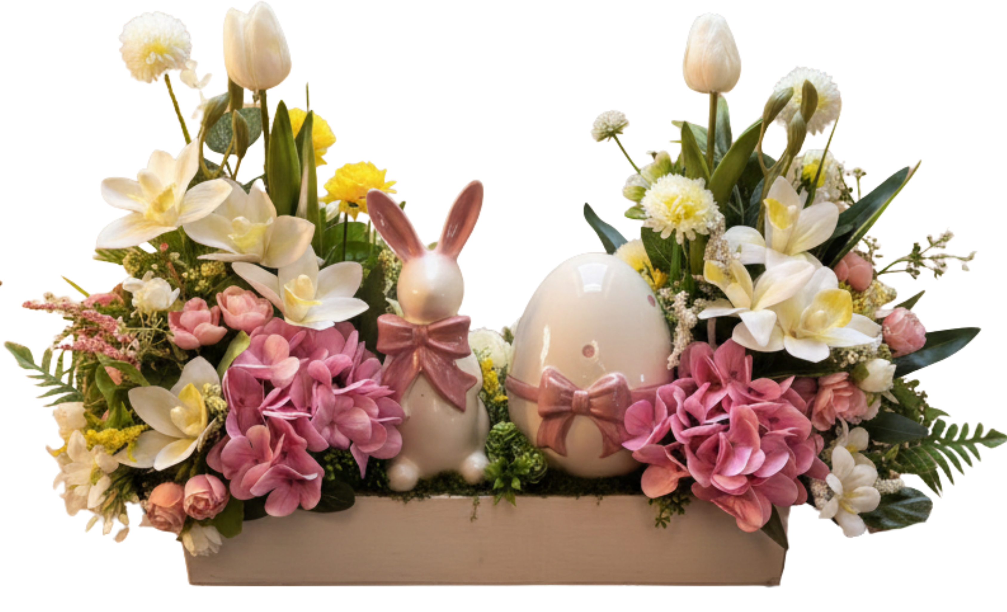 Húsvéti asztaldísz porcelán nyuszival és tojással (55x45 cm)