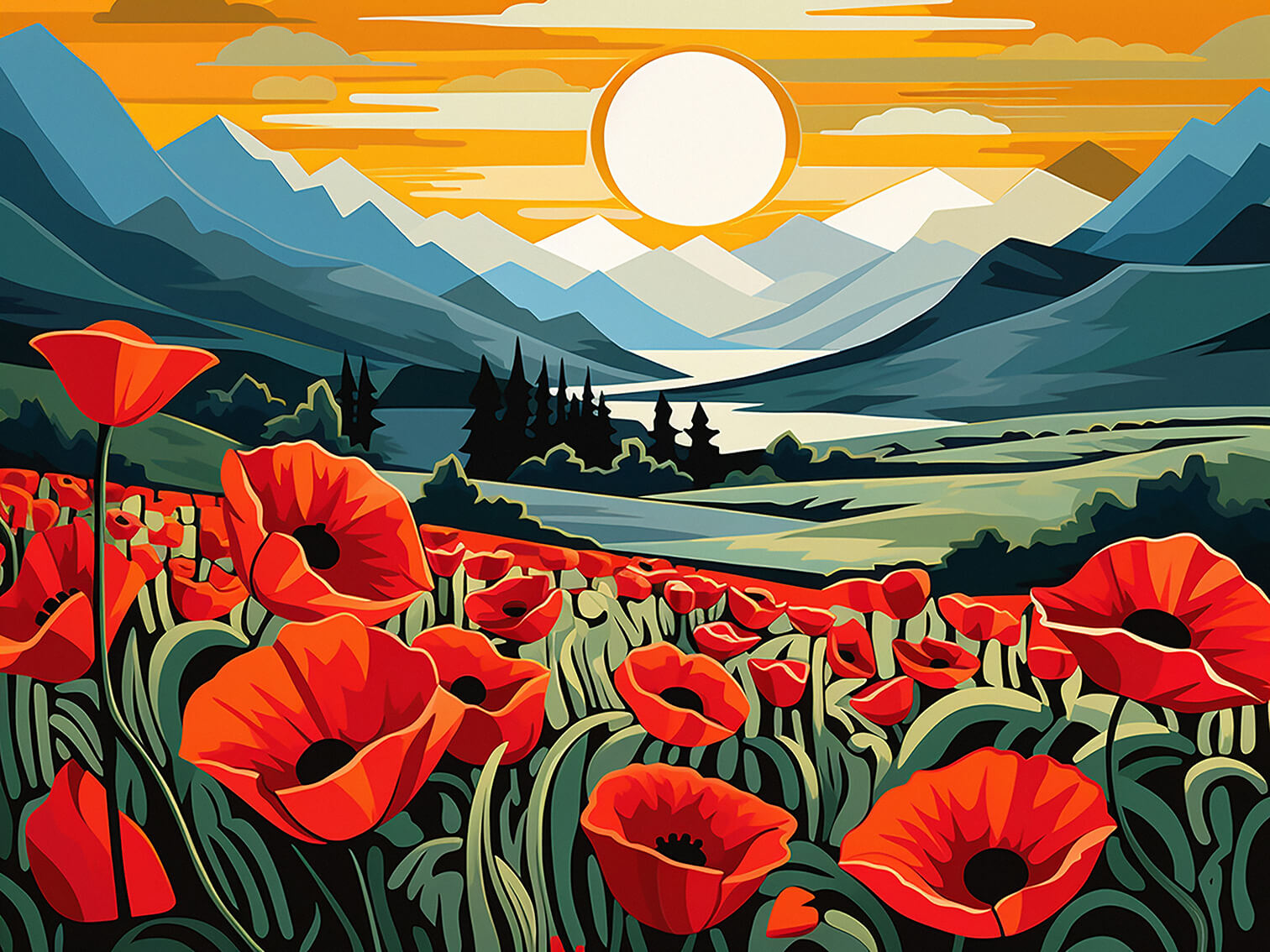 Poppies in the valley, 60x80 cm, original acrylic painting on canvas