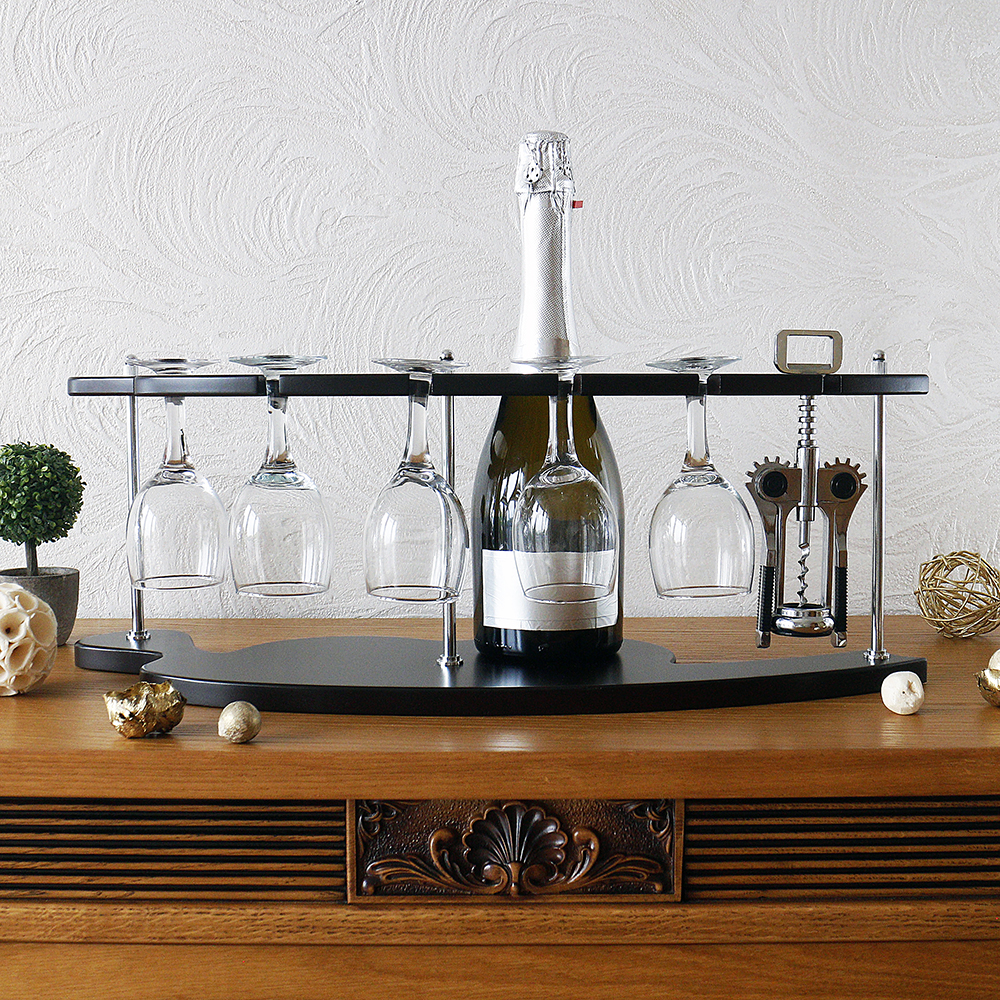 Підставка для вина на 5 келихів зі штопором дерев`яна, SS09190