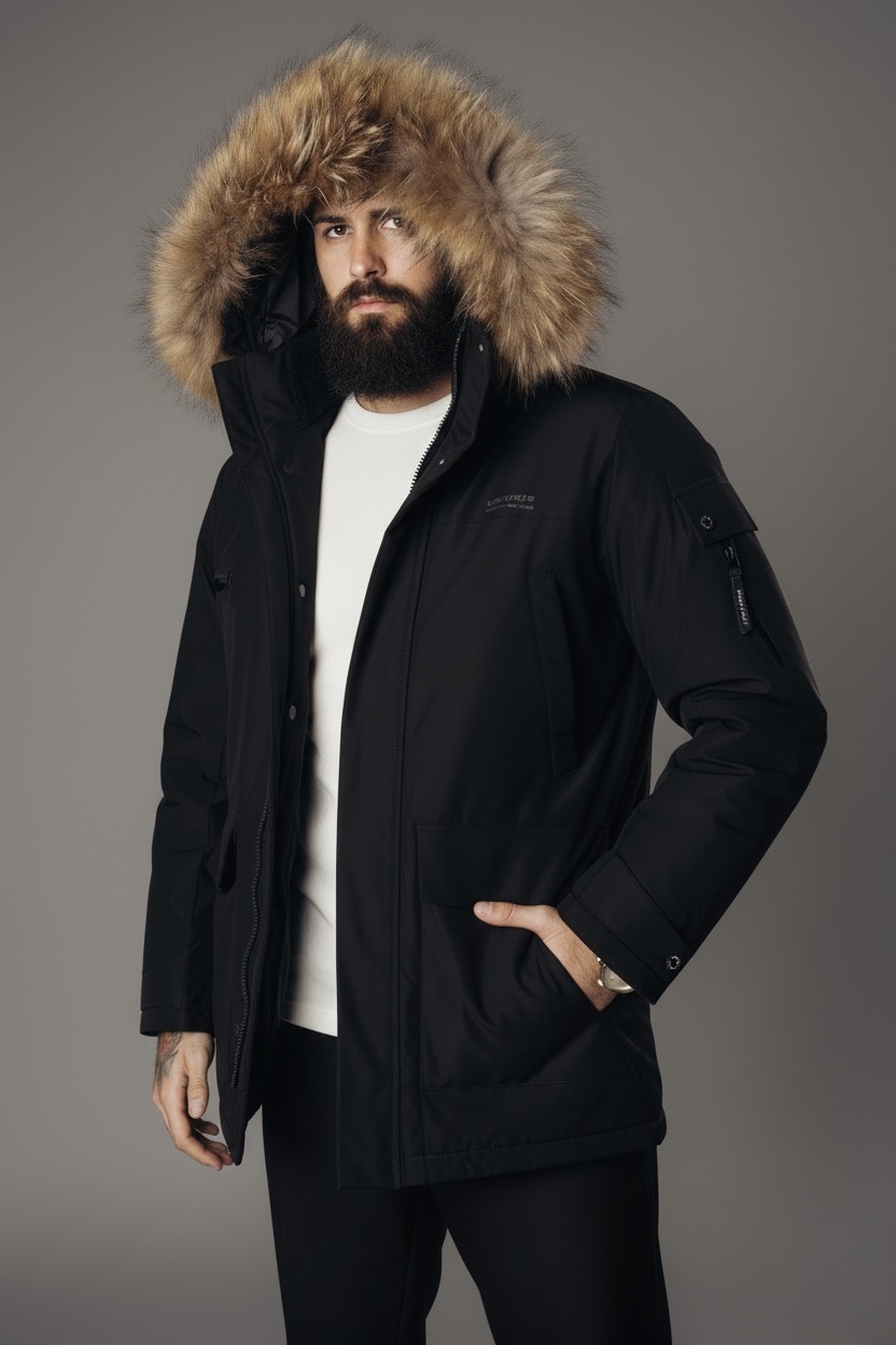 Ексклюзивна зимова чоловіча куртка з натуральним хутром лисиці black: стильна чорна куртка, преміум якість. Офіційний сайт