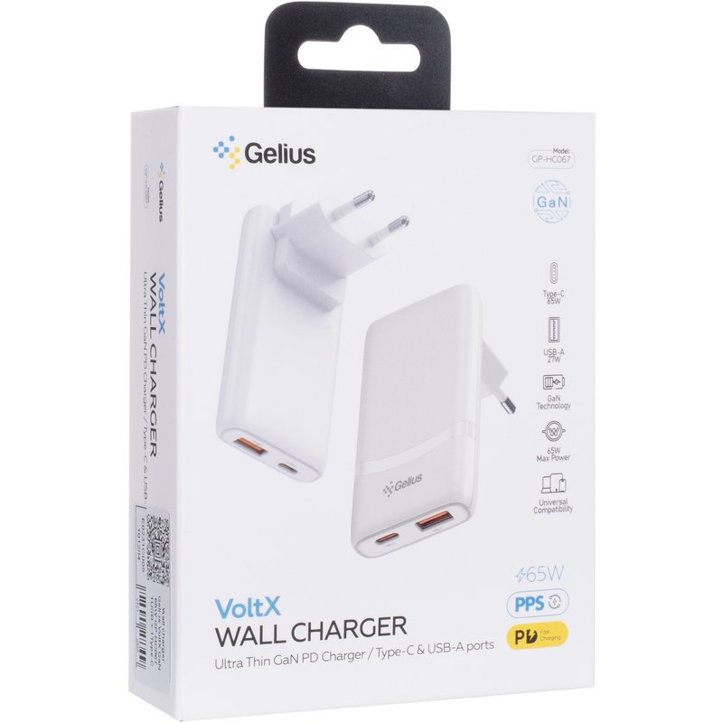 Мережевий зарядний пристрій Gelius VoltX GP-HC067 GaN 65W 1USB + 1Type-C White