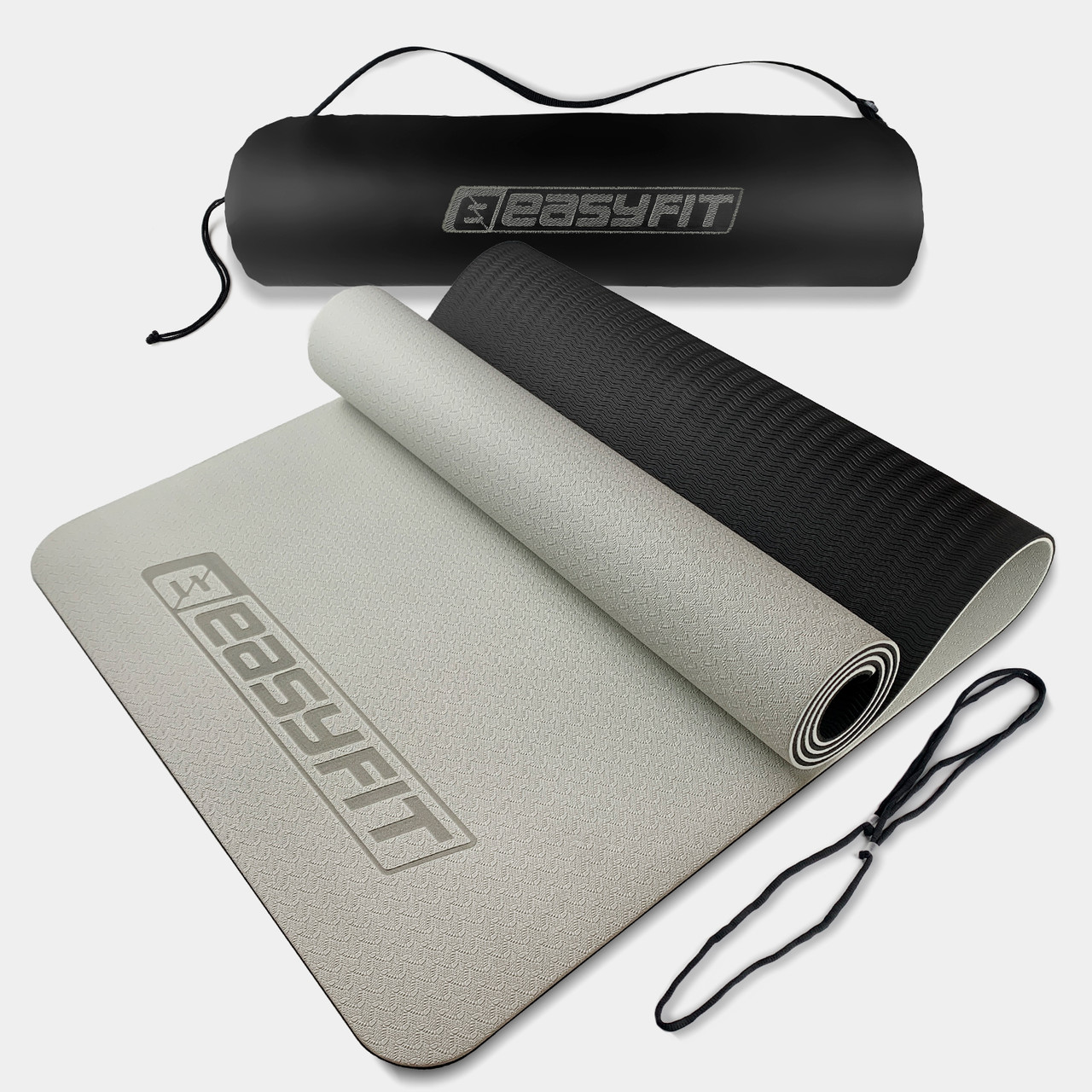 Килимок для йоги та фітнеса EasyFit TPE+TC 6мм двошаровий + Чохол сірий з чорним