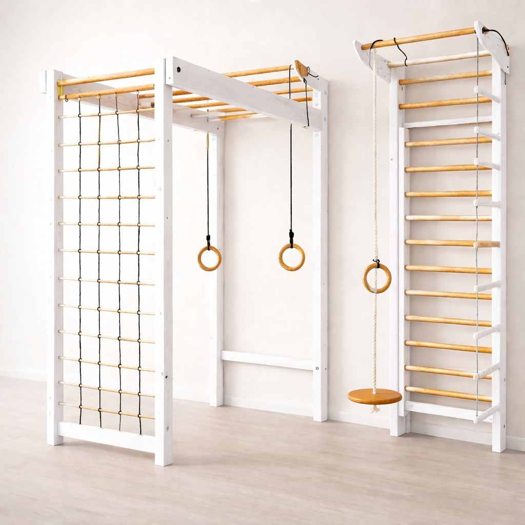 Max PRO Kletterwand für Kinder aus Holz – Sprossenwand mit Turnringen, Seilleiter & Kletternetz in Natur-Weiß