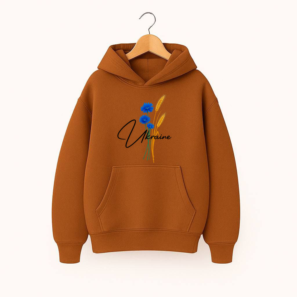 ХУДІ УТЕПЛЕНЕ ОВЕРСАЙЗ КОРИЧНЕВЕ З ПРИНТОМ "КОЛОСОК УКРАЇНА"