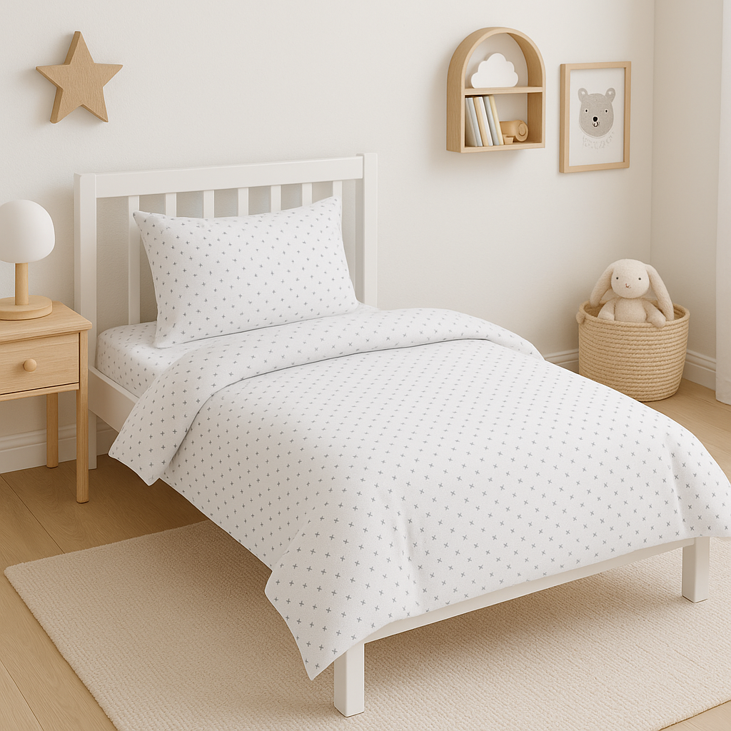 Дитяча постільна білизна ранфорс принт  "Дрібні сірі зірки на білому"
