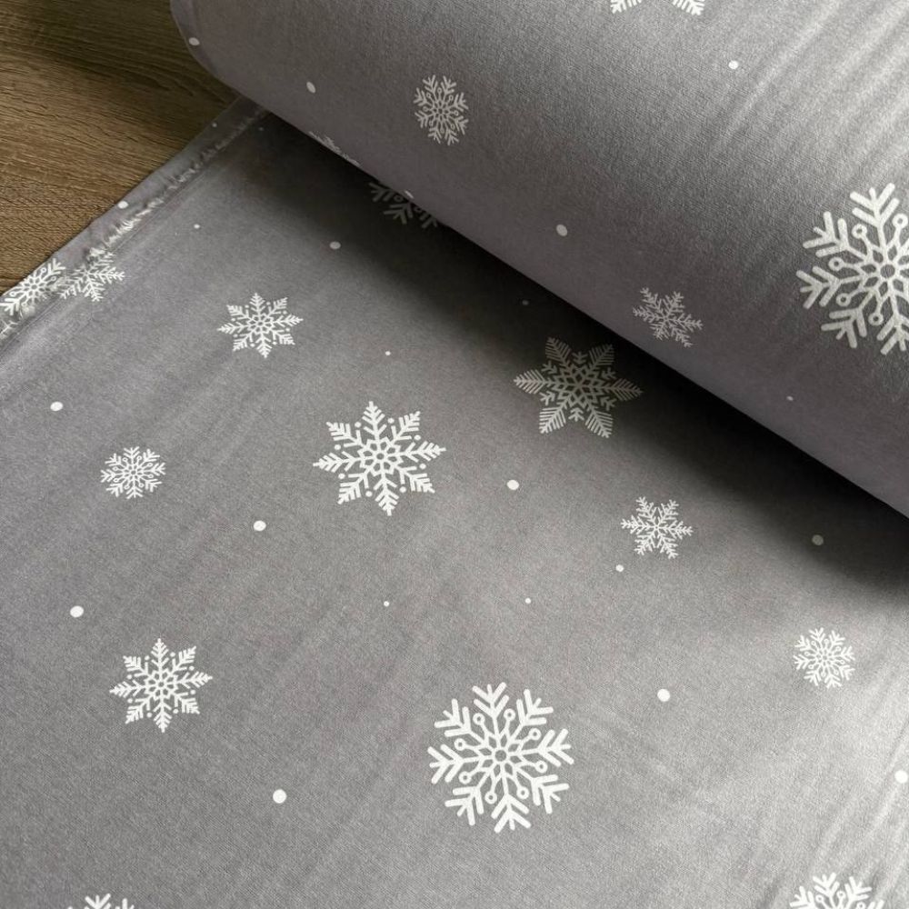 Тканина фланель-Сніжинка на сірому
