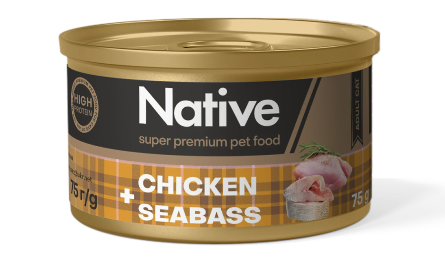 Native Chicken with Seabass Adult Cat - натуральний консервований корм з куркою і морським окунем для котів, 75г