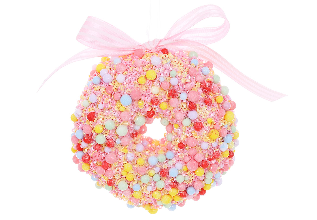 Ялинкова прикраса Донат 10см, прикрашений бісером, паєтками та гліттером, колір - рожевий J88-057