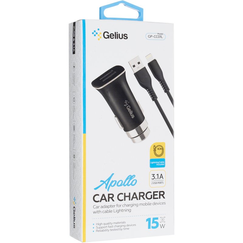 Автомобільний зарядний пристрій Gelius Apollo GP-CC01 2USB 3.1A 15W + кабель Lightning Black