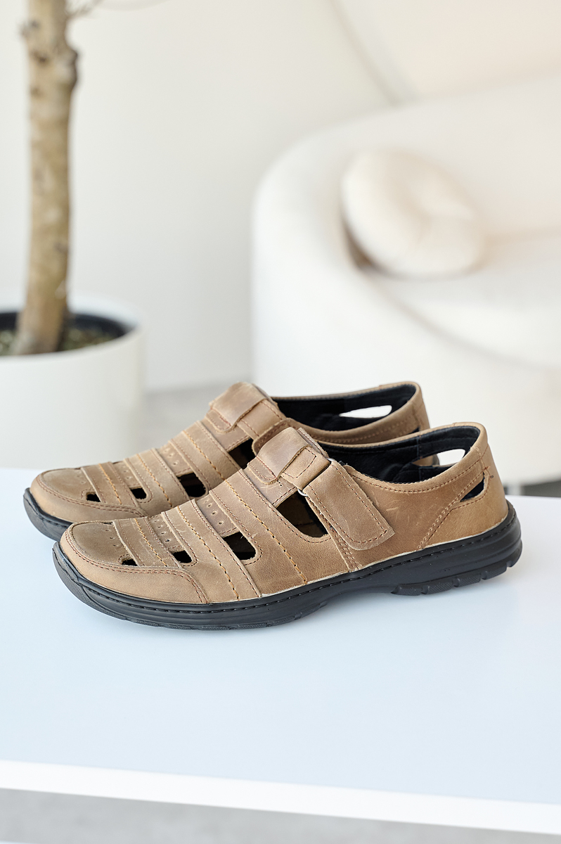 Чоловічі сандалі натуральна шкіра літні, на липучні, прошита підошва оливка розміри від 39 по 46