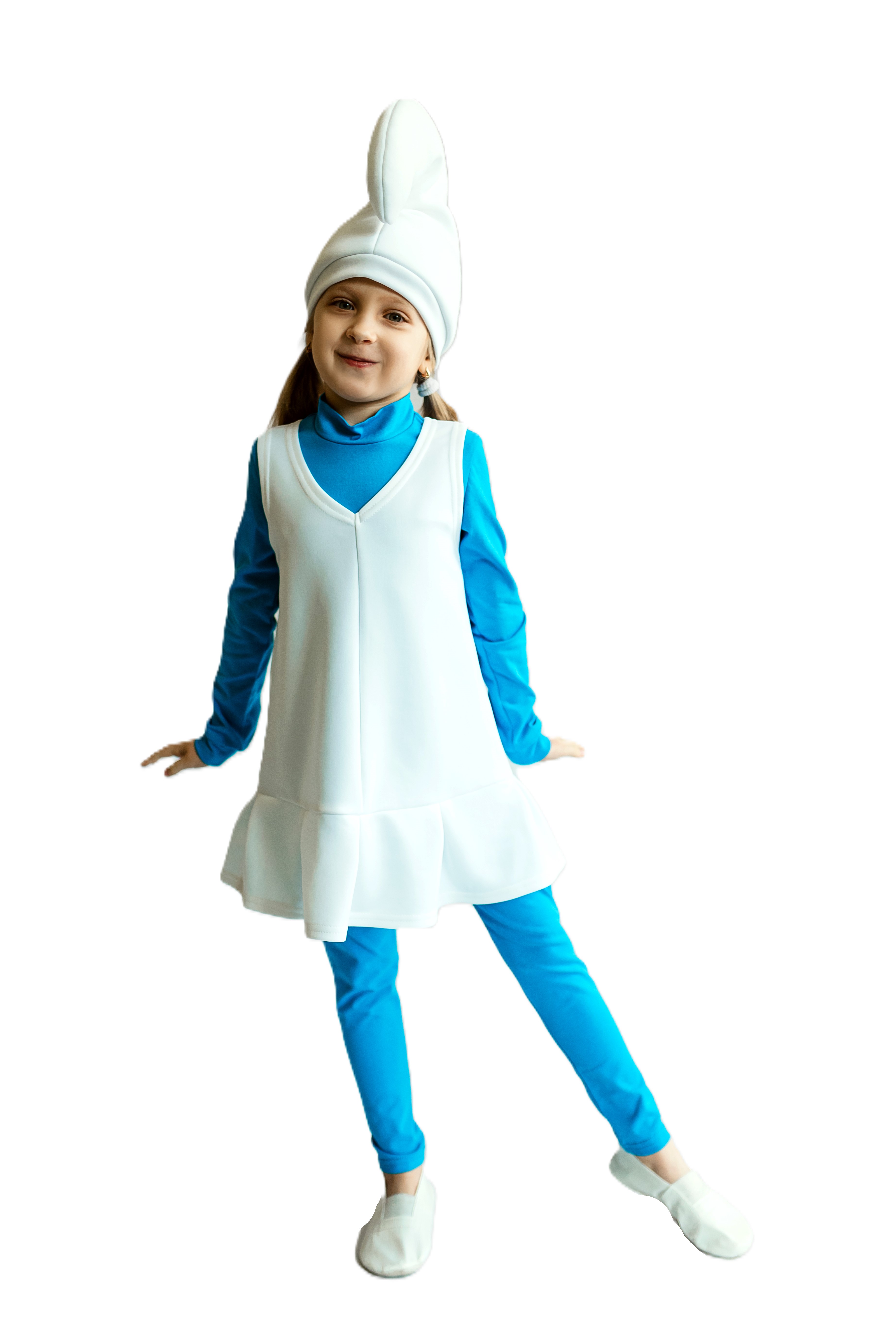 Girls Smurfette Costume from Sashka - White Dress, Blue Top, Hat & Leggings Set (Size 3T–8)