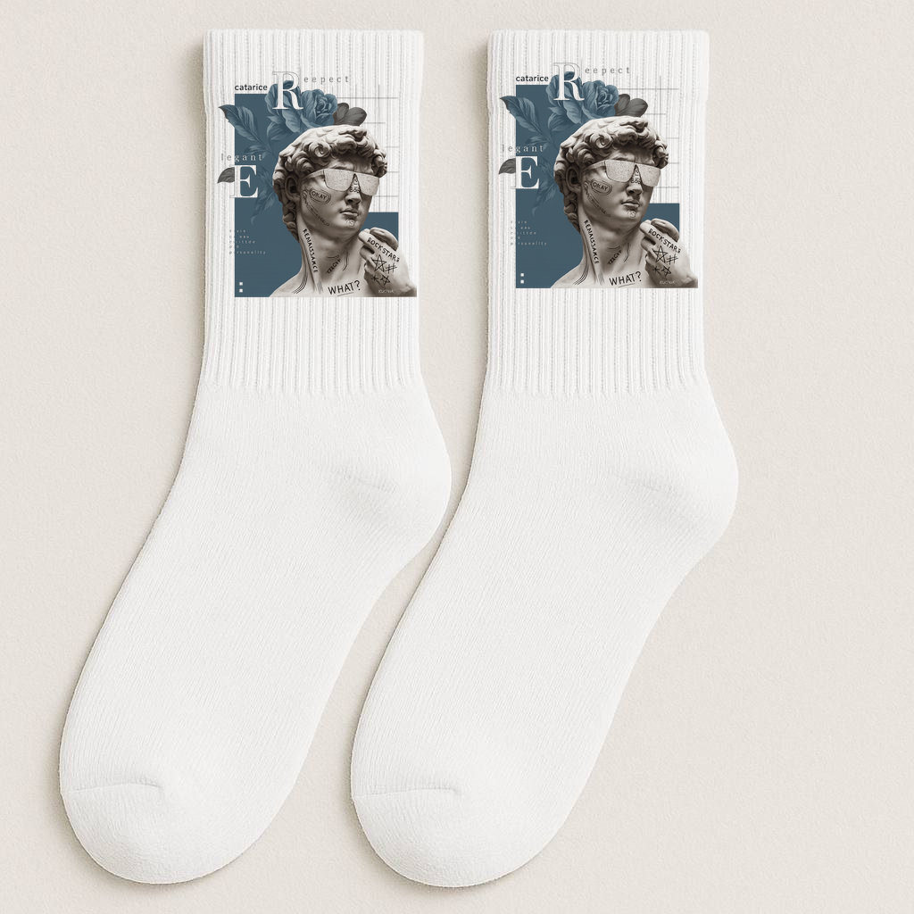 ШКАРПЕТКИ ВИСОКА РЕЗИНКА ДОРОСЛІ БІЛІ З ПРИНТОМ "ЕЛЕГАНТ"