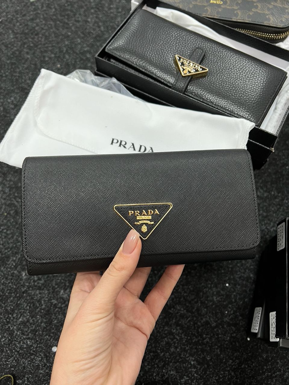 Prada Leather Bi Fold Long Wallet Black