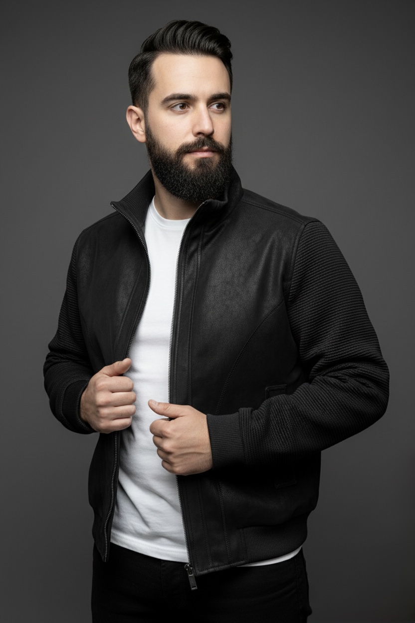 Класична чоловіча чорна куртка з комбінованої тканини