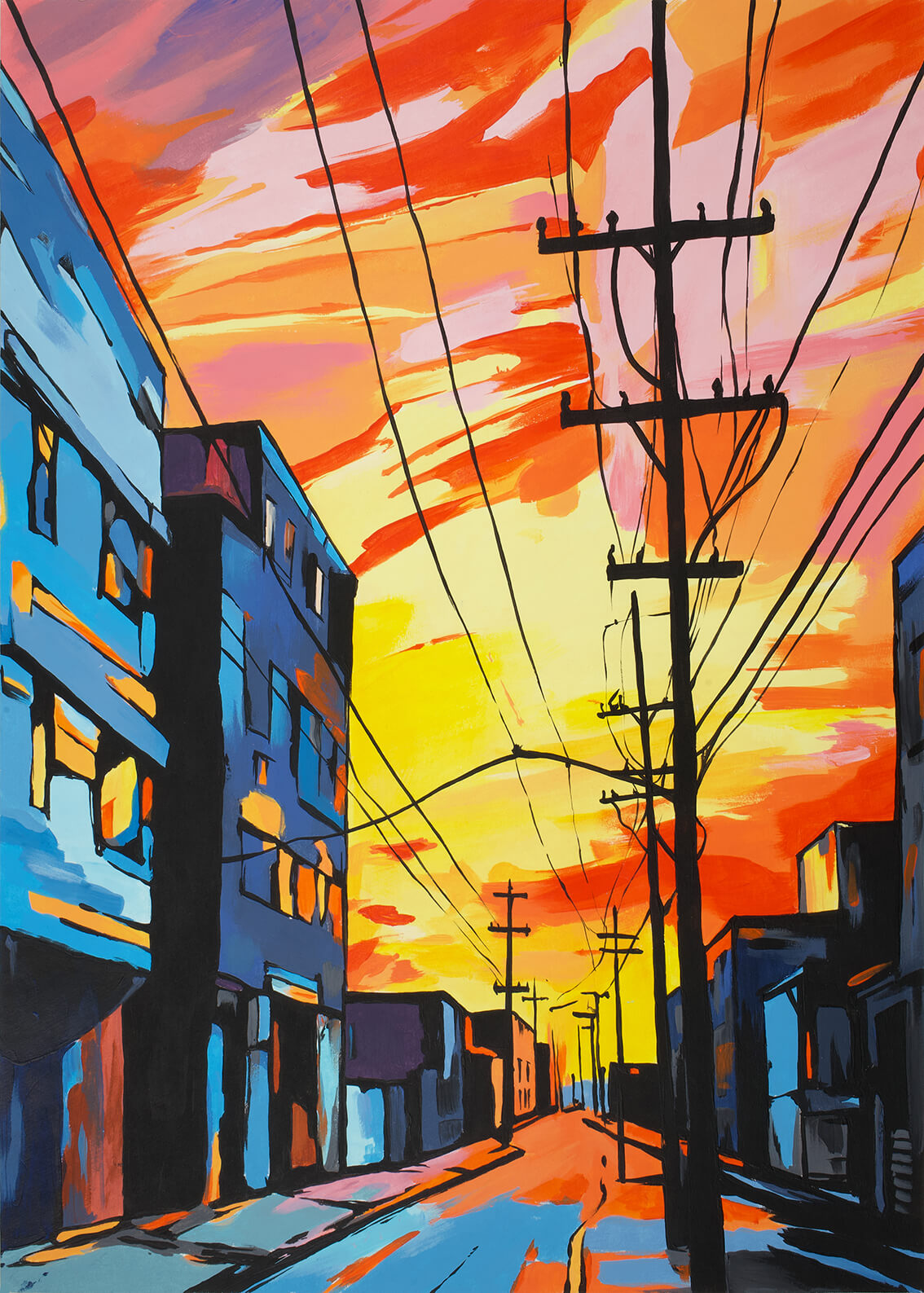 Evening alley, 42x30 cm original acrylic painting on paper