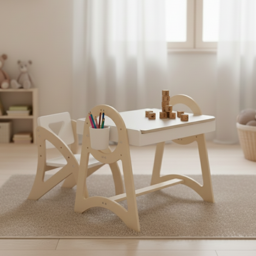 Дитячий столик і стільчик регульований по висоті деревяний дизайнерський з сенсорним коробом та грифельною дошкою Пелікан Пісочно/білий