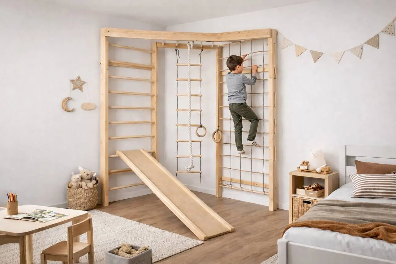 Montessori Kletterwand Kinder Indoor – Eck Sprossenwand mit Ringen & Seil | Theo XL Holz