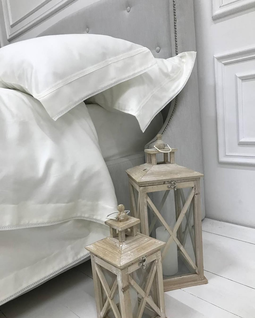 Постільна білизна з сатину, колір Молочний з мереживом