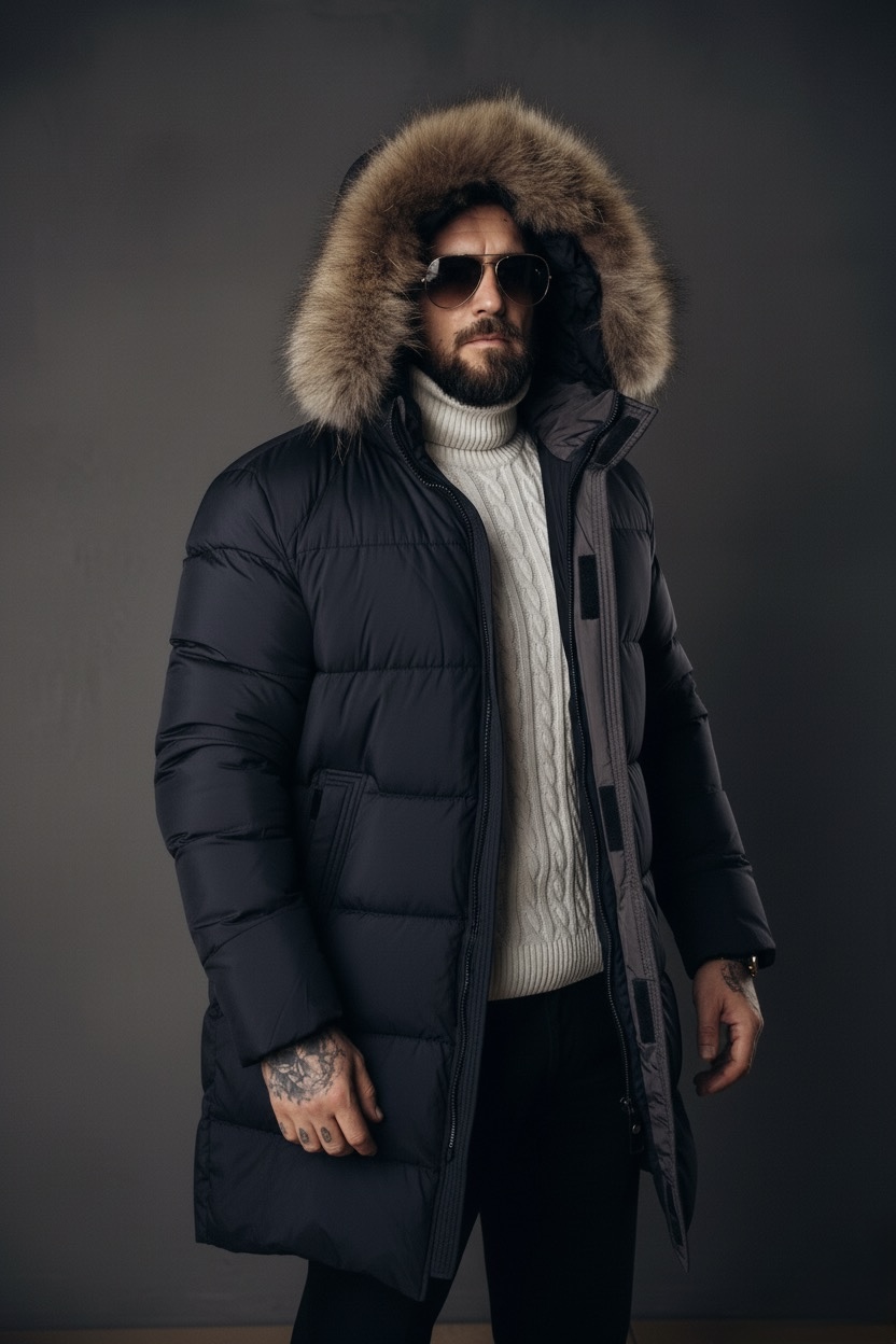Подовжена чоловіча зимова куртка з натуральним хутром лисиці темно-синя