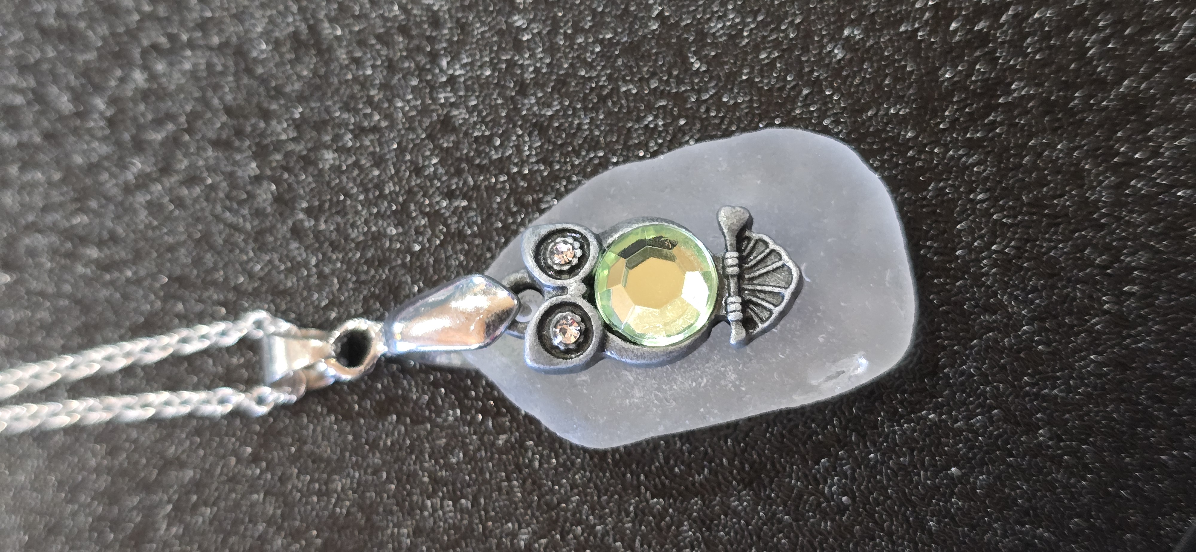 Pale Green Owl Sea Glass Necklace 