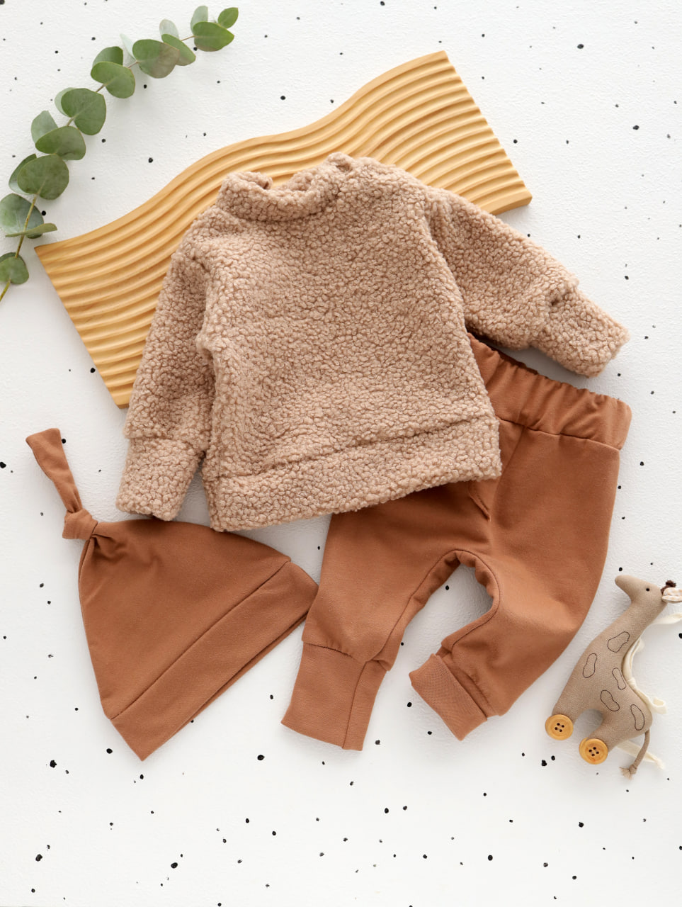 Теплий комплект для малюка з тканини тедді та штанці футер начос (кофточка+штанці+шапочка)