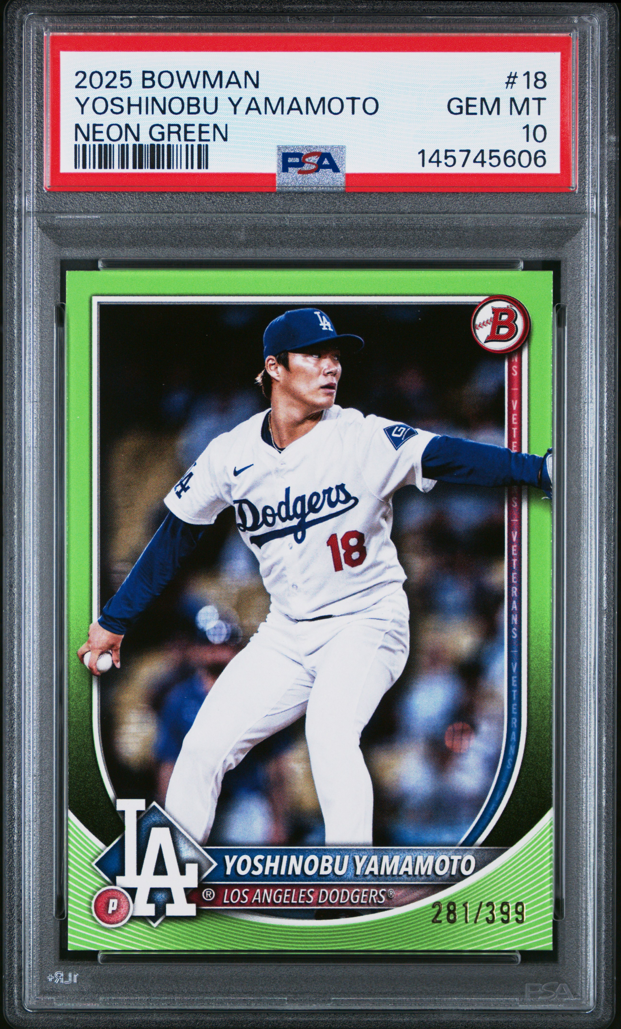 2025 BOWMAN YOSHINOBU YAMAMOTO NEON GREEN 281/399 PSA 10