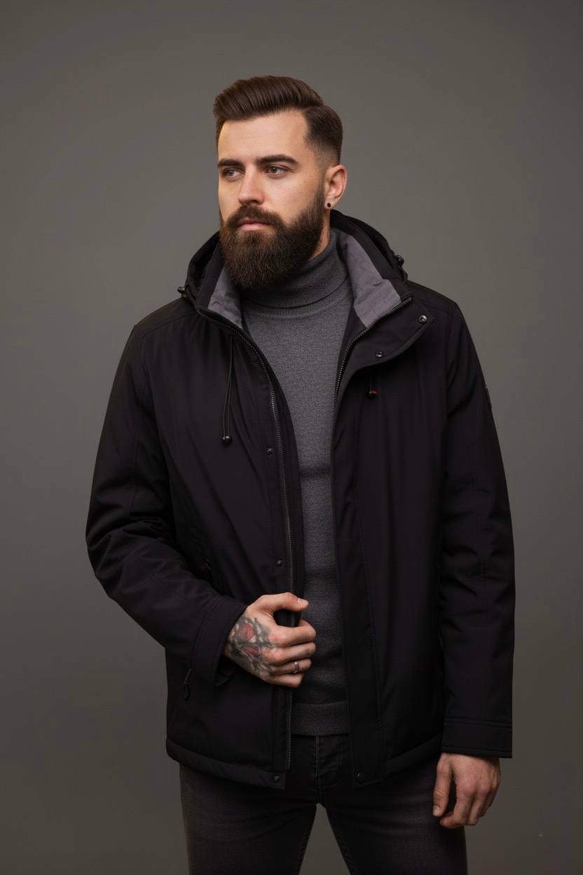 Демісезонна універсальна чоловіча чорна куртка з капюшоном