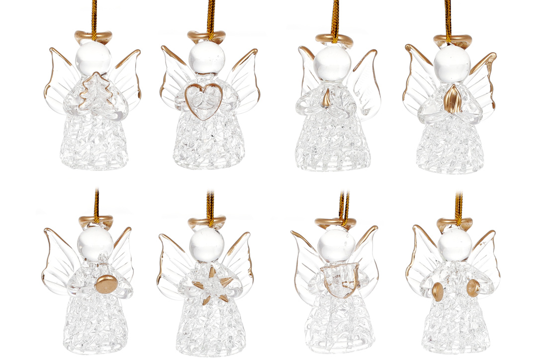 Ялинкова прикраса Ангел в індивідуальній упаковці, 8 дизайнів, колір - прозоре скло з золотом NY15-N17