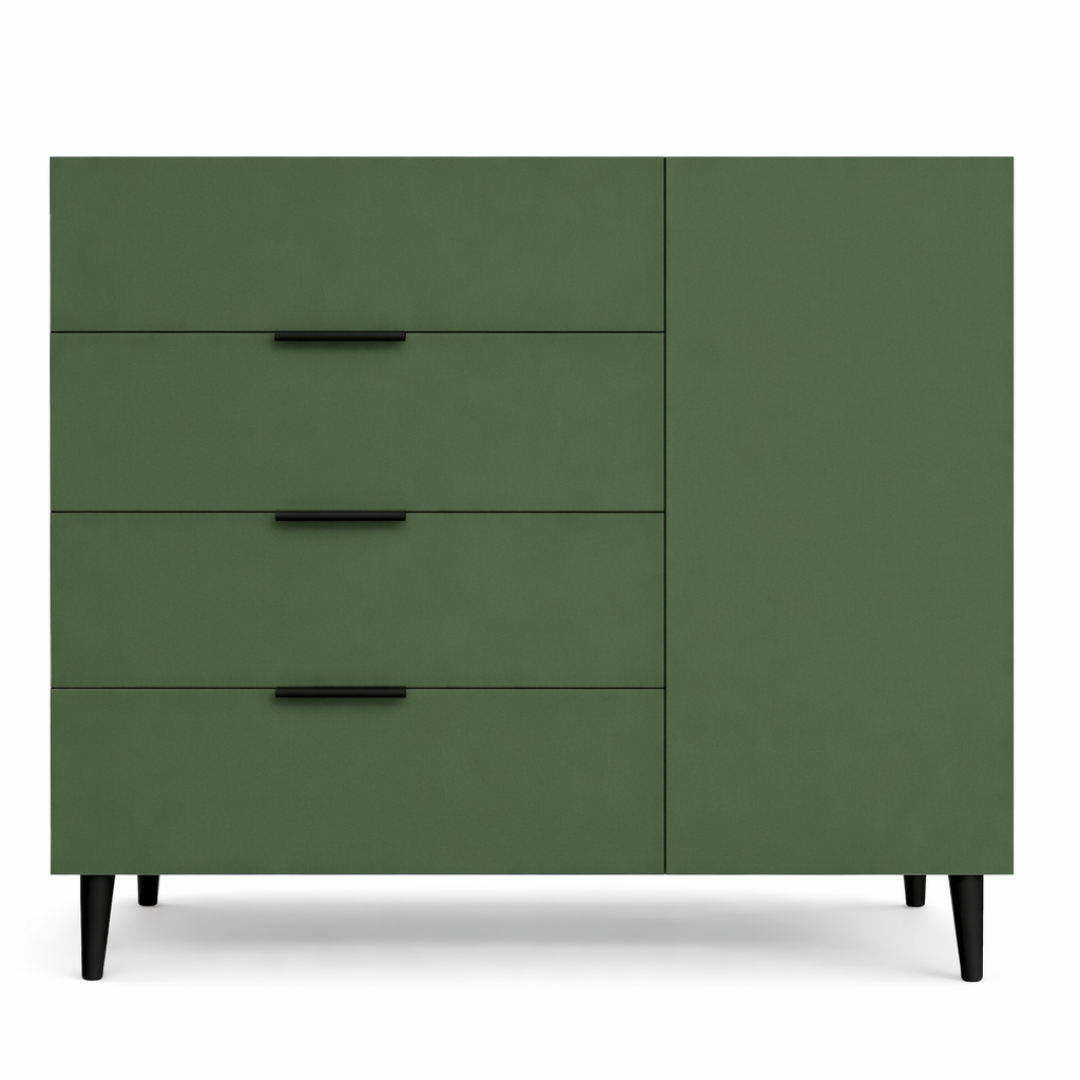 Комод з чотирма шухлядами та одними дверцятами з внутрішніми полицями на ніжках