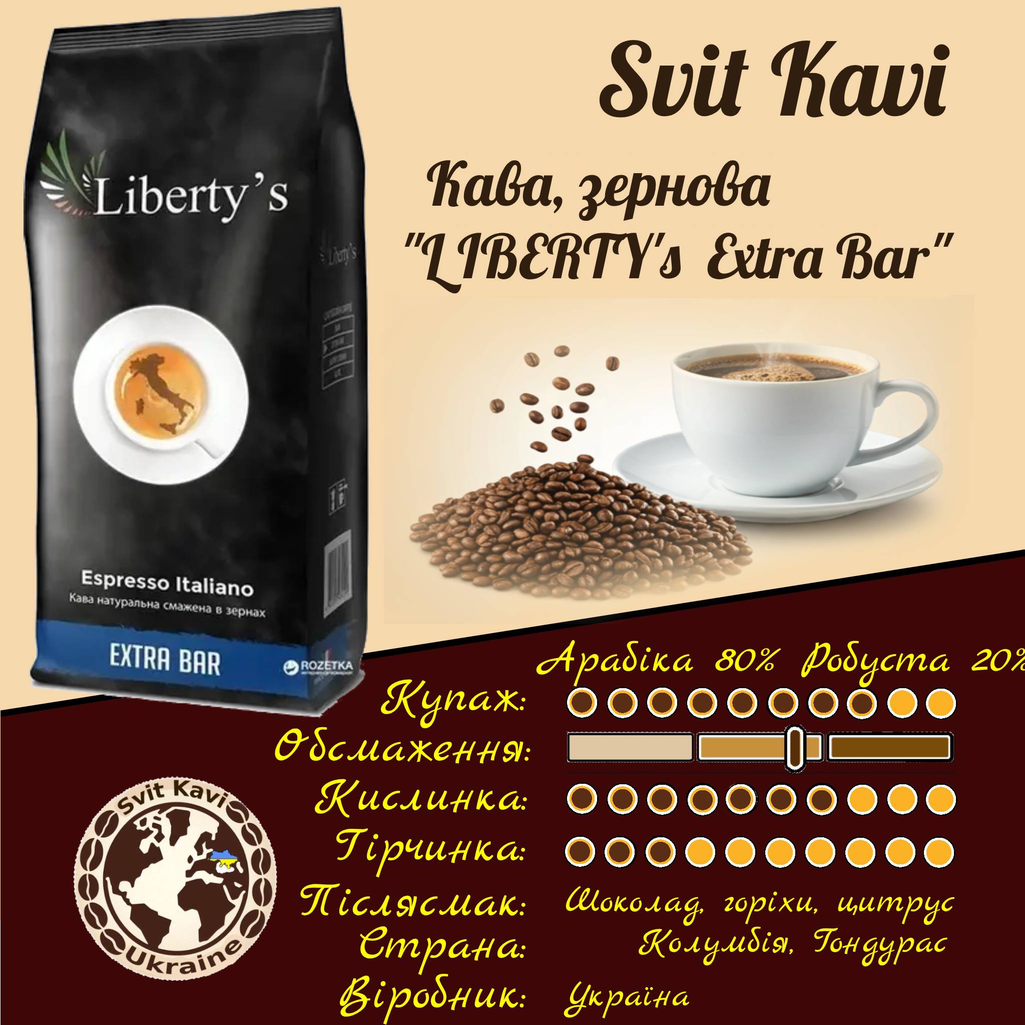 Кава в зернах Liberty’s Extra Bar 1 кг  1кг, 80/20, Італія