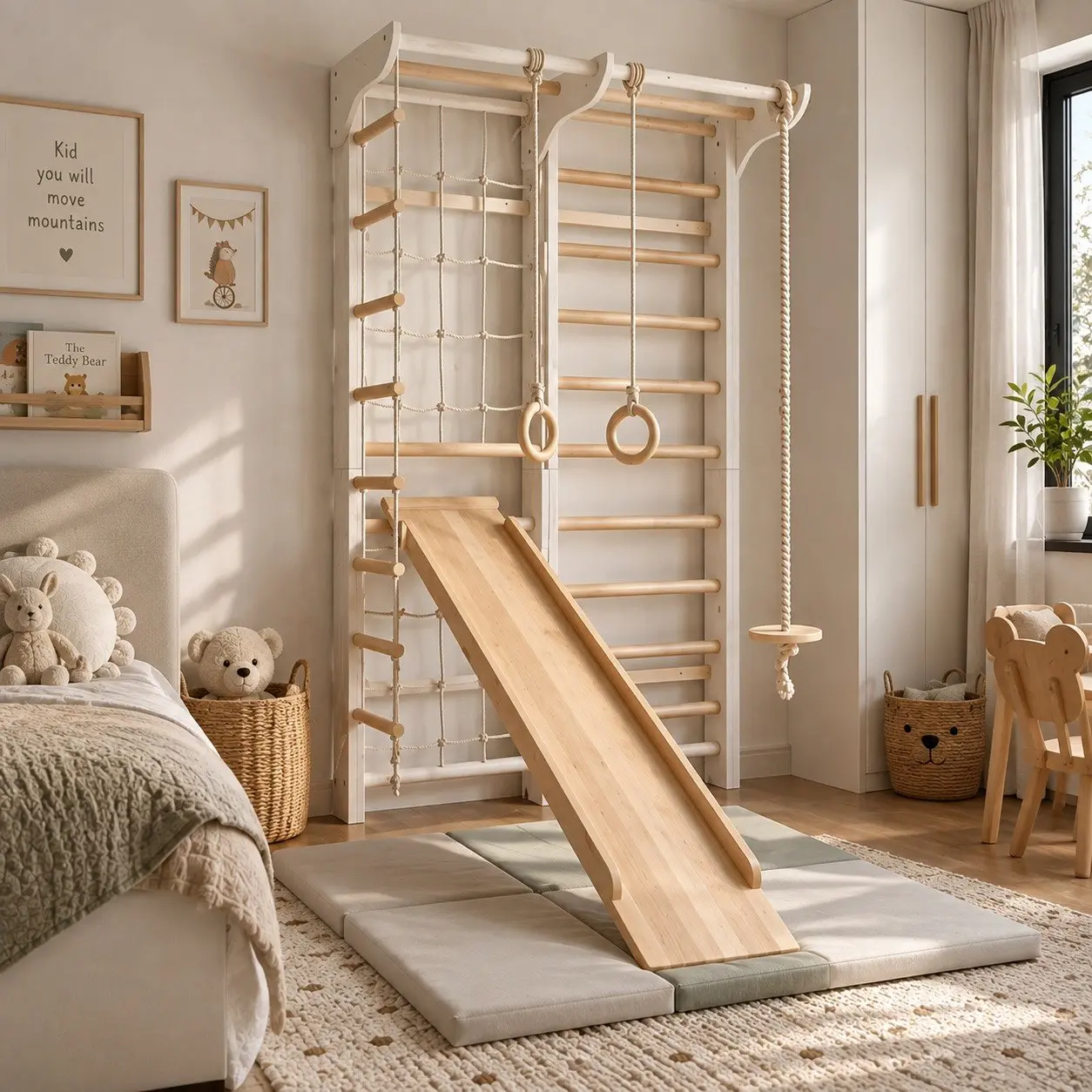 Ben Sprossenwand für Kinder in Weiß-Natur – Indoor Kletterset mit Leiter, Netz & Turnringen