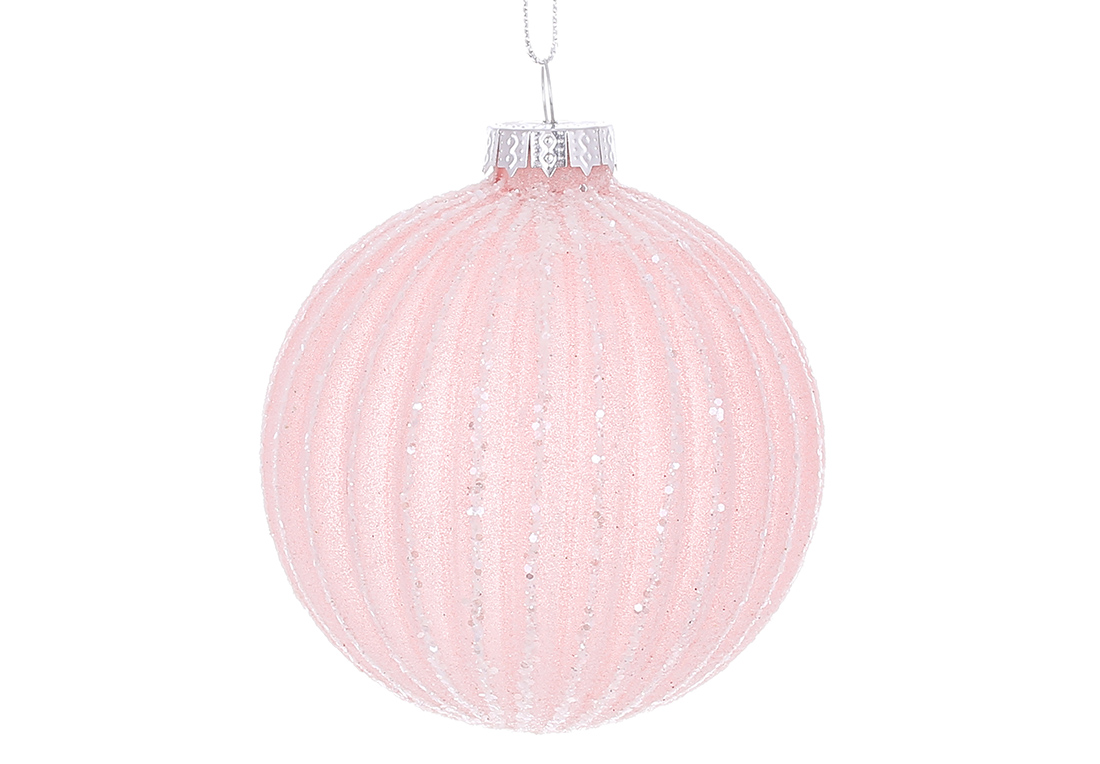 Ялинкова куля рельєфної форми з цукровим покриттям та гліттерним декором 8см, колір - блідо-рожевий 115-148