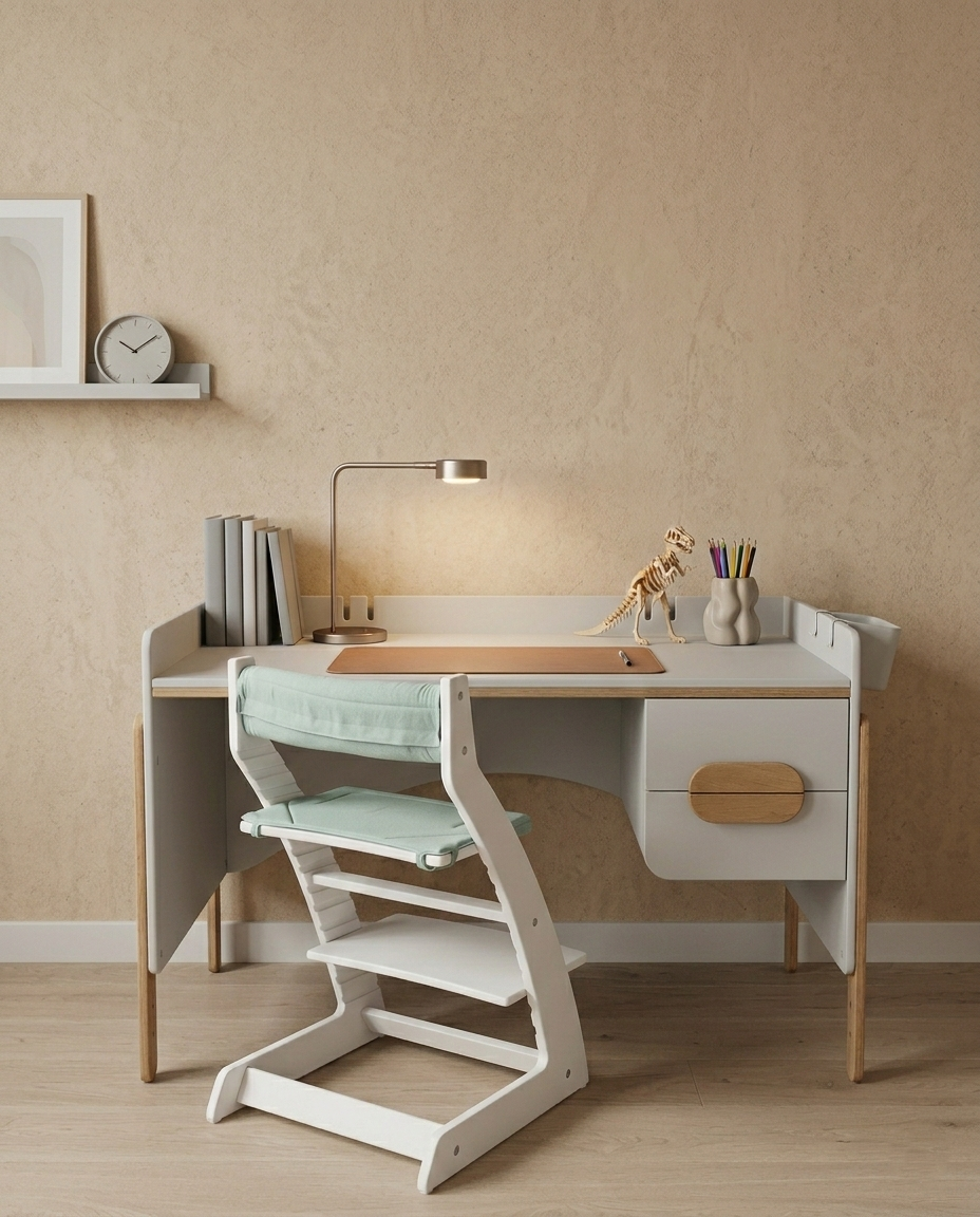 Зростаючий письмовий дерев'яний стіл з колекції Брунька дизайнерський для школяра регульований по висоті з ящиками Натуральний/світло-сірий