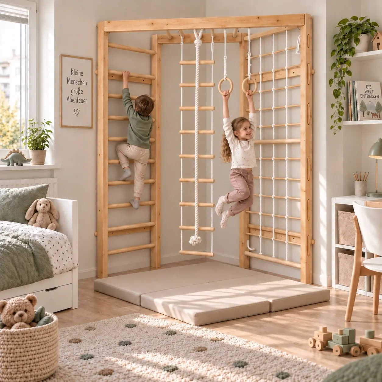 Montessori Kletterwand Kinder Indoor – Eck Sprossenwand mit Ringen & Seil | Theo XL Holz