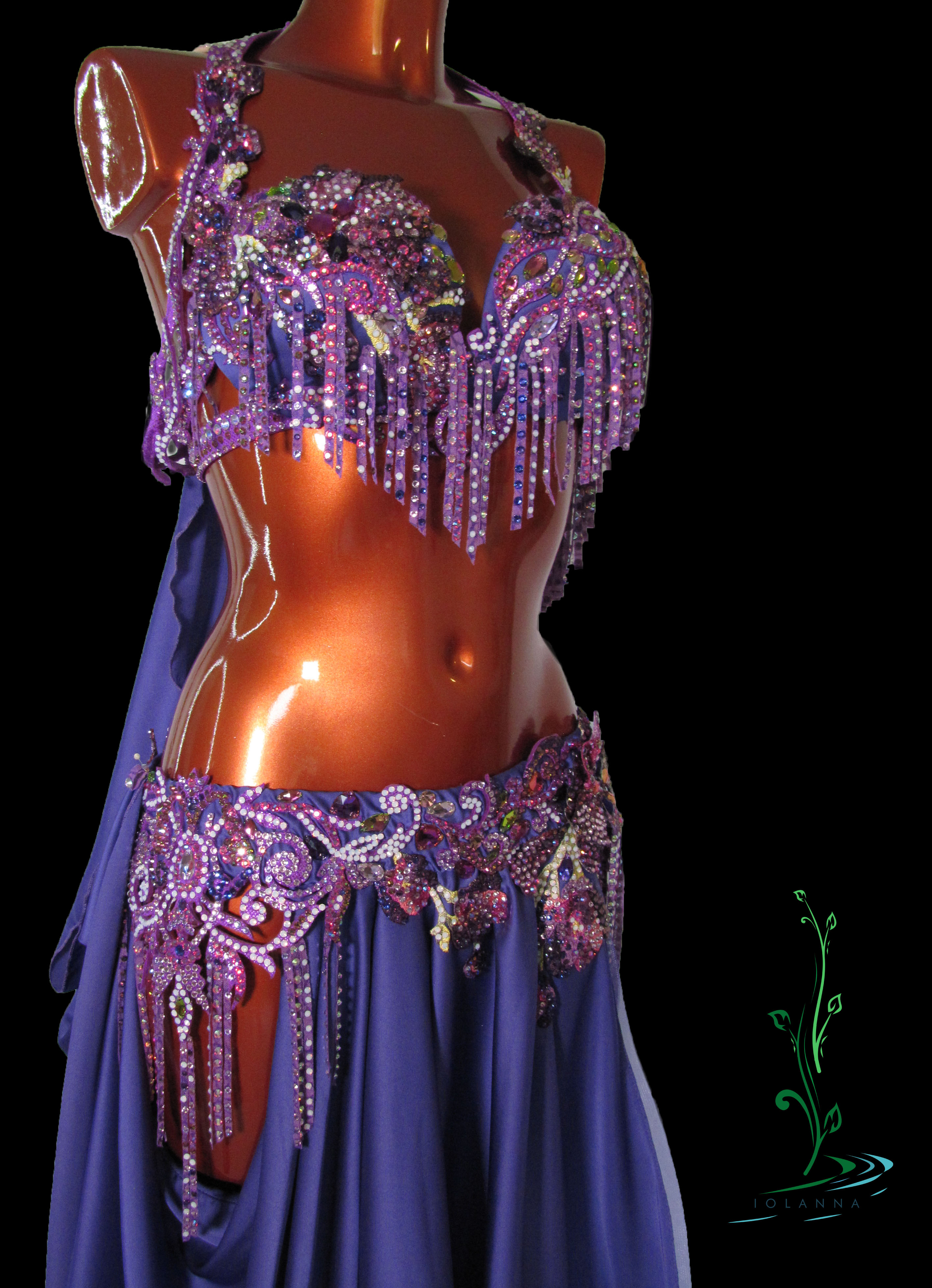 Purple belly dance costume with hip cut outs