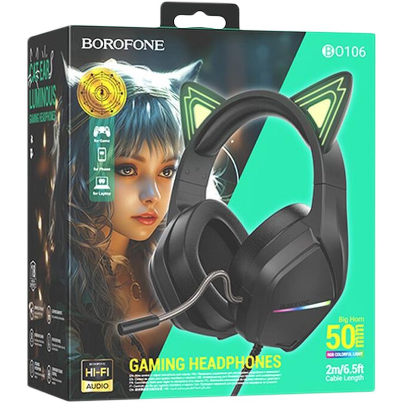 Навушники ігрові Borofone BO106 Cat Ear + мікрофон Black/Green
